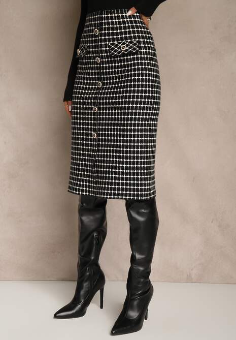 Czarno-Biała Tweedowa Spódnica Ołówkowa w Kratę z Guzikami Aretusa