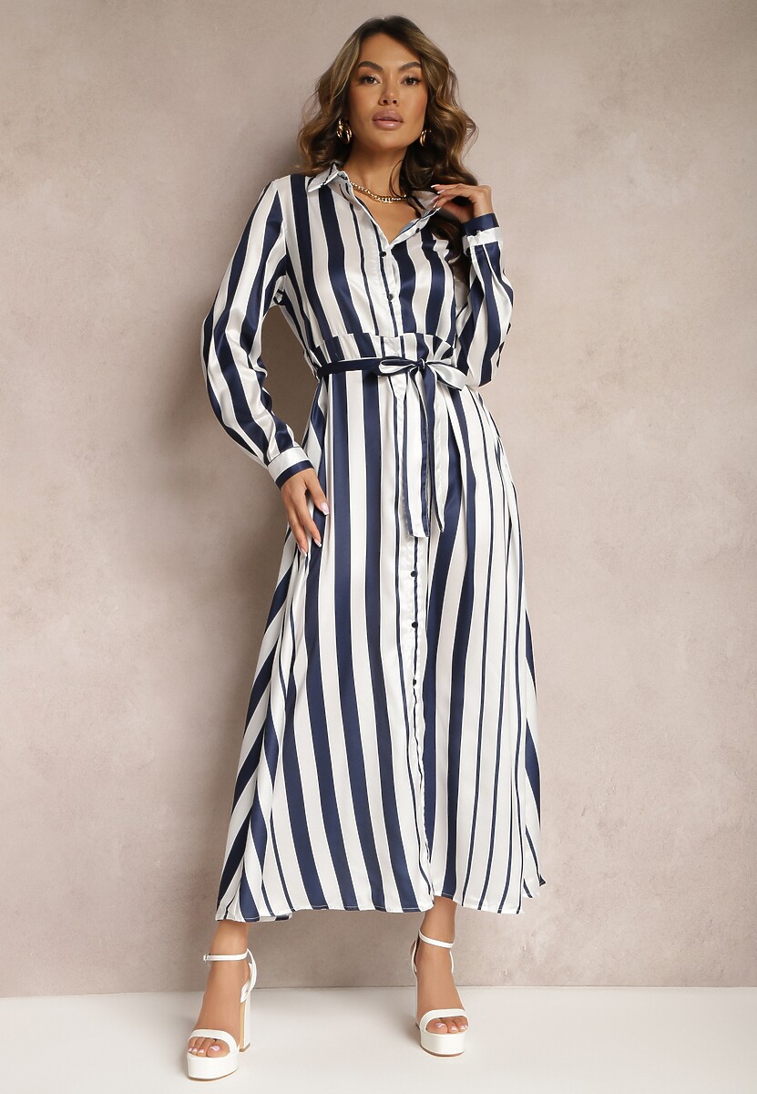 Biało-Granatowa Koszulowa Sukienka Ozdobiona Wzorem w Paski Wiązana w Talii Orintta