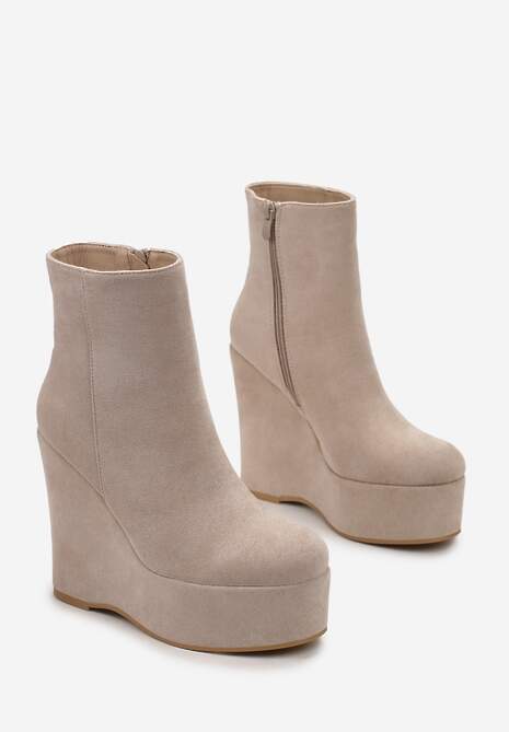 Beżowe Botki na Koturnie z Wysoką Platformą z Imitacji Zamszu Morrena