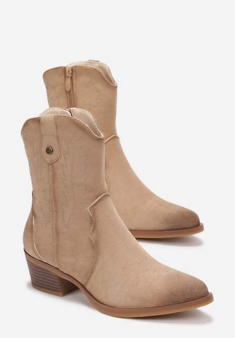 Beżowe Botki Kowbojki z Delikatnym Haftem Pionne