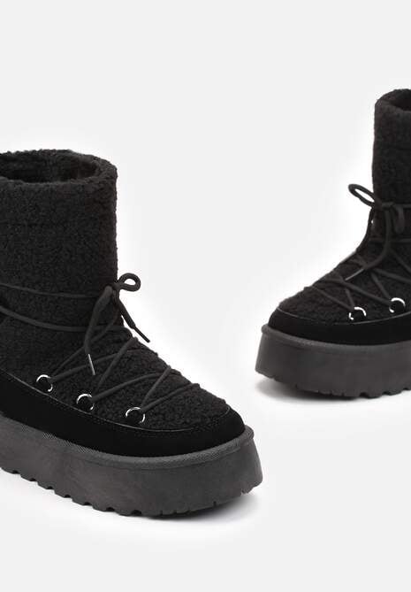 Czarne Futrzane Śniegowce na Platformie z Ozdobnym Wiązaniem Ebele