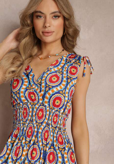 Niebiesko-Czerwona Rozkloszowana Sukienka z Wiskozy w Fantazyjny Print Karlene