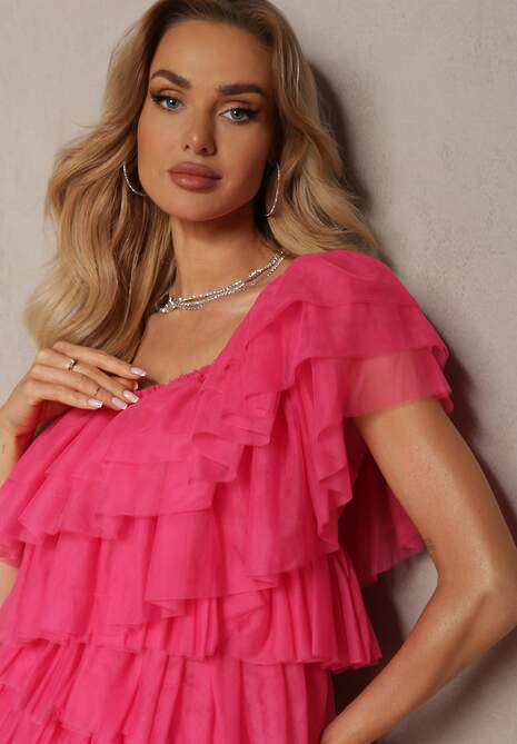 Fuksjowa Rozkloszowana Sukienka Mini z Falbankami i Asymetrycznymi Ramionami Liurtta