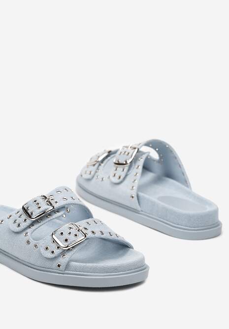Jasnoniebieskie Płaskie Klapki Ozdobione Metalowymi Elementami i Klamrami Vilmamoon