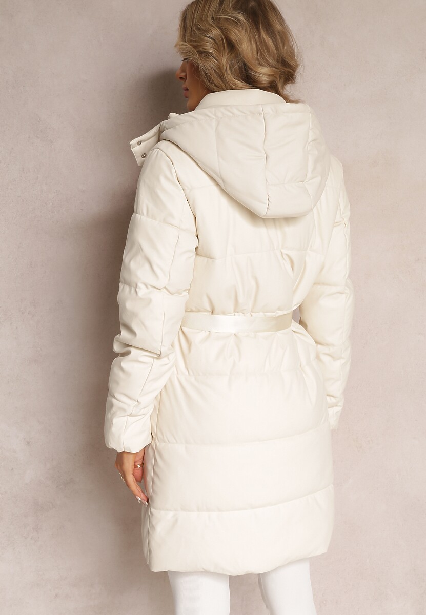 Jasnobeżowa Długa Kurtka z Paskiem Płaszcz z Okrągłą Saszetką w Komplecie Nabili