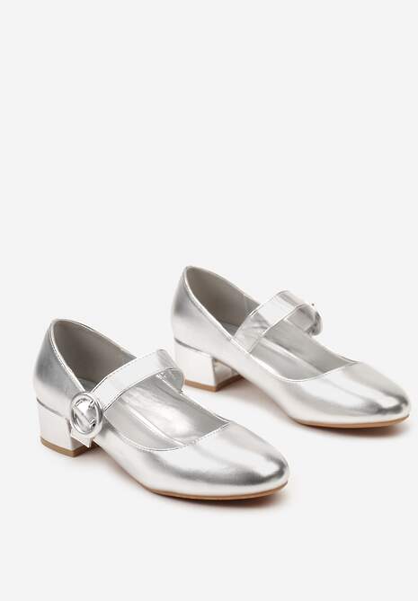 Srebrne Czółenka na Słupku z Paskiem i Klamerką Sisilsha