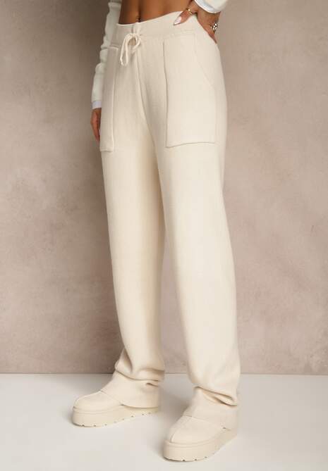 Beżowe Spodnie z Wełną ze Sznurkiem i Ozdobnymi Kieszeniami Moneressa