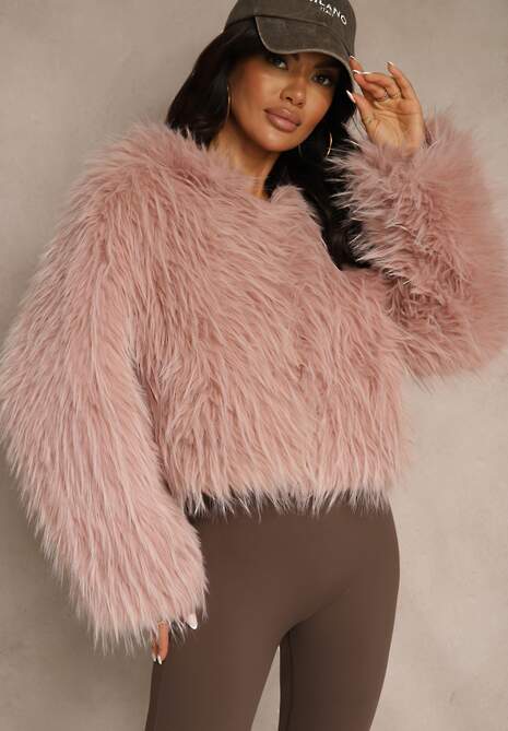 Różowa Kurtka Futerko z Kapturem i Zapięciem na Suwak Zetora