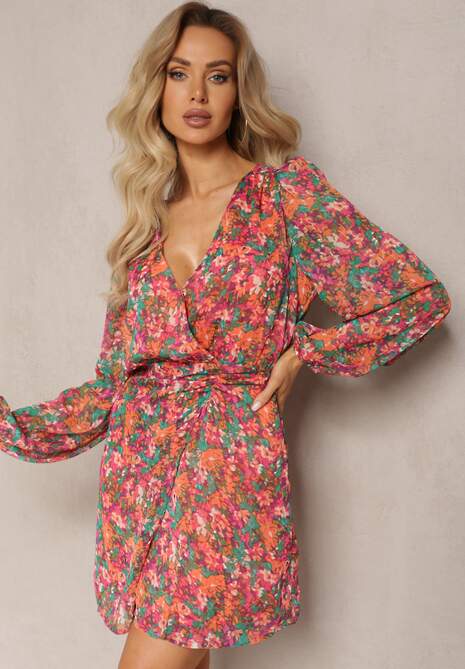 Różowo-Pomarańczowa Krótka Sukienka Kopertowa w Kwiatowy Wzór Ninora