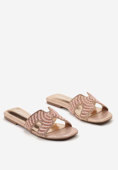 Różowe Klapki na Płaskiej Podeszwie z Cyrkoniami i Koralikami Illiana