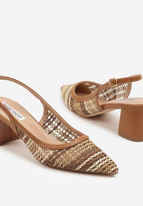 Brązowe Sandały na Słupku Slingback Ozdobione Szydełkową Cholewką Novilissea