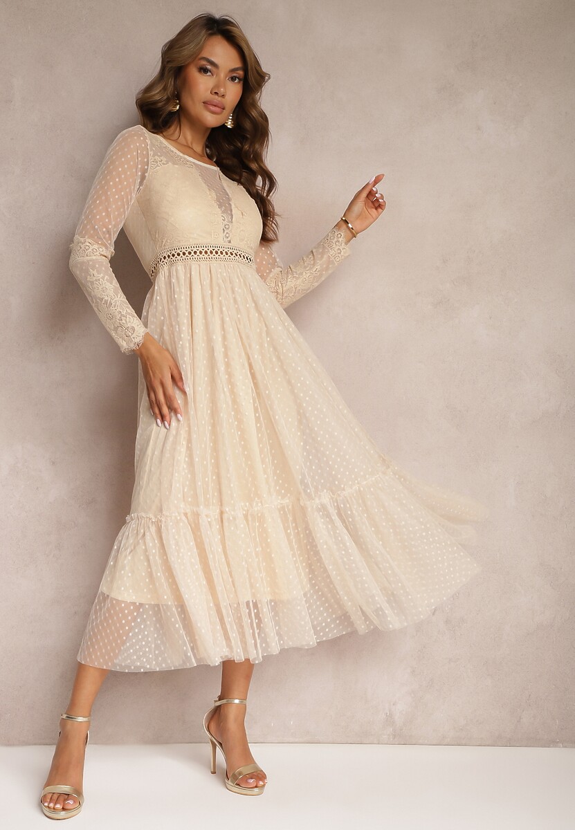 Czarna Rozkloszowana Sukienka Maxi z Koronkowymi Wstawkami i Tiulem Kollla