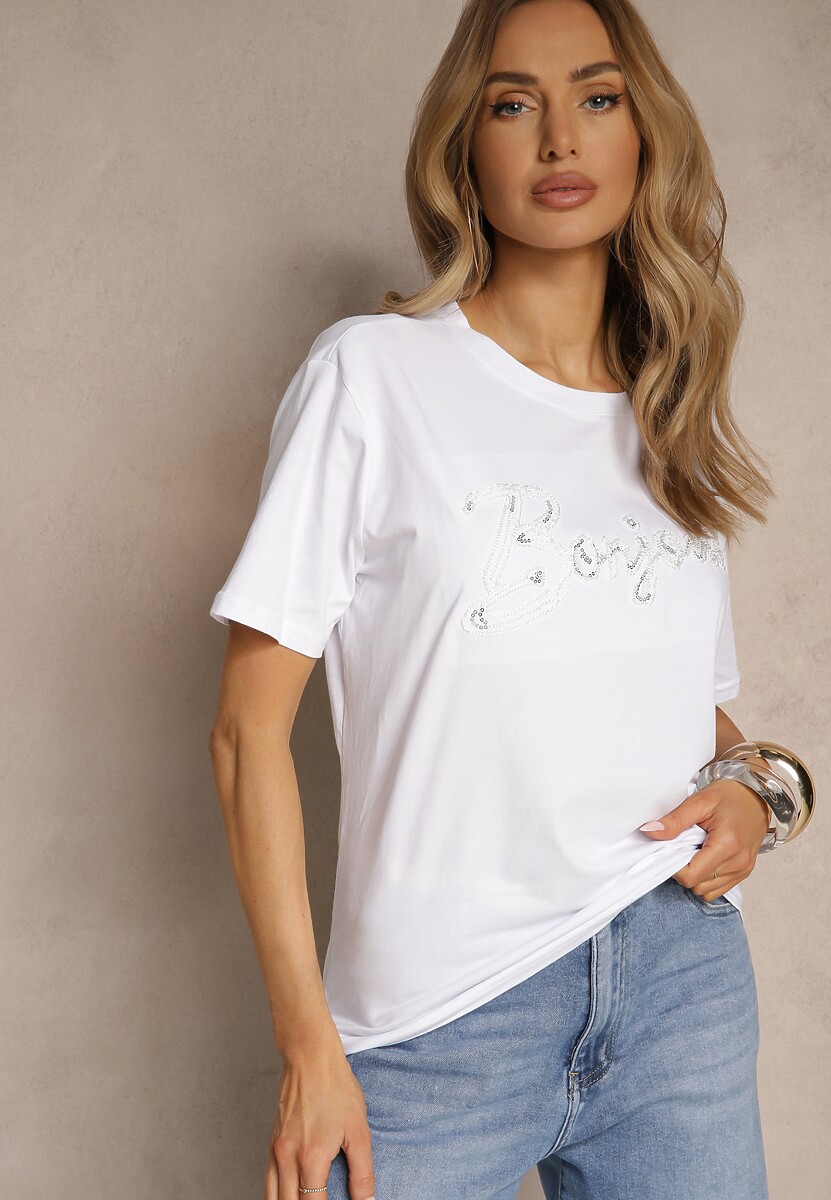 Czarny Bawełniany T-shirt Zdobiony Haftowanym Napisem z Cekinami Ulionis