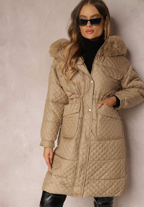 Beżowa Kurtka Pikowana z Kapturem z Futerkiem Vilei
