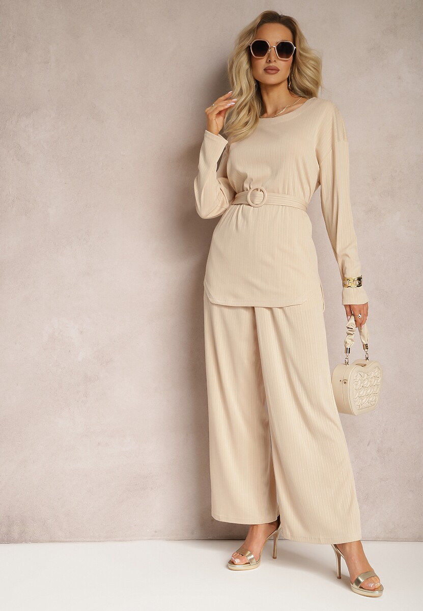 Beżowy Komplet Bluzka i Spodnie z Prostymi Nogawkami i Gumką Daeirassa