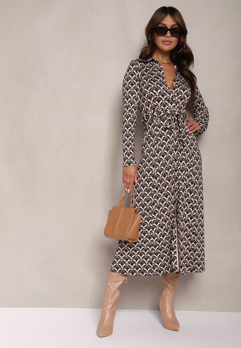 Brązowa Koszulowa Sukienka Midi Ozdobiona Geometrycznym Wzorem i Wiązanym Paskiem Aripel