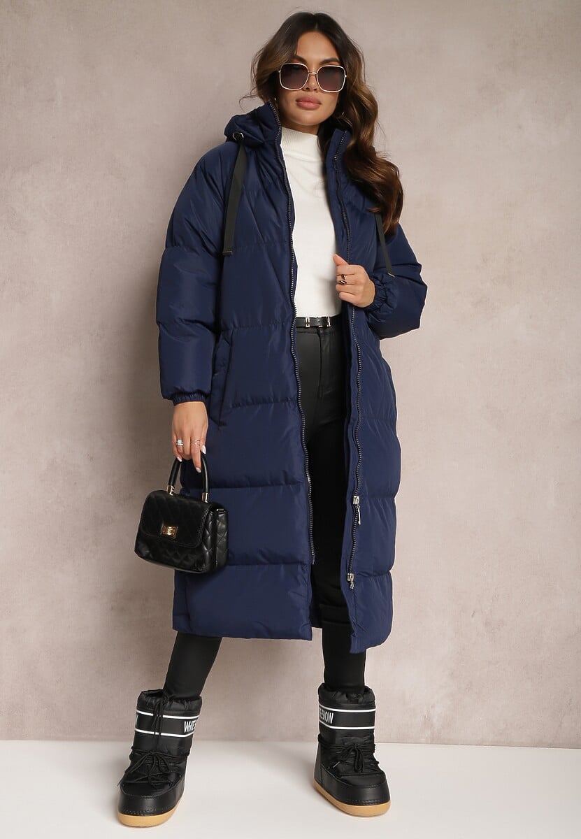 Granatowa Długa Kurtka Pikowana Płaszcz z Kapturem Serea