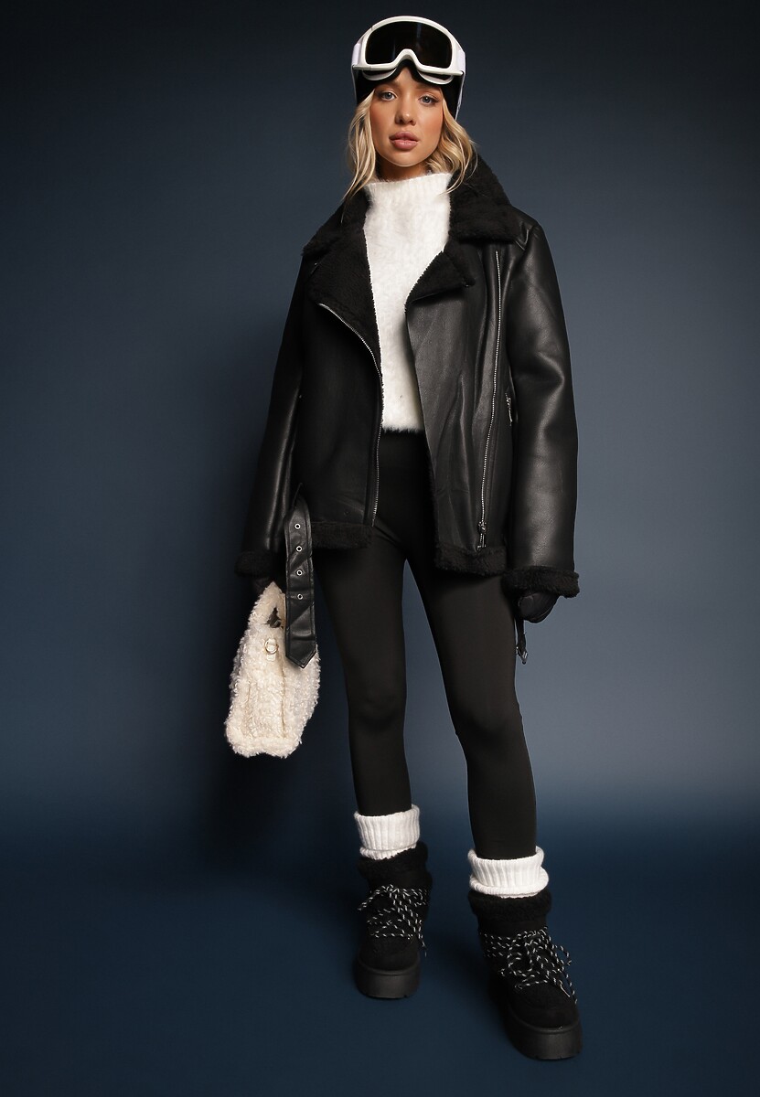 Czarna Kurtka Pilotka z Ekoskóry z Kożuszkiem i Ozdobnym Paskiem Naprola