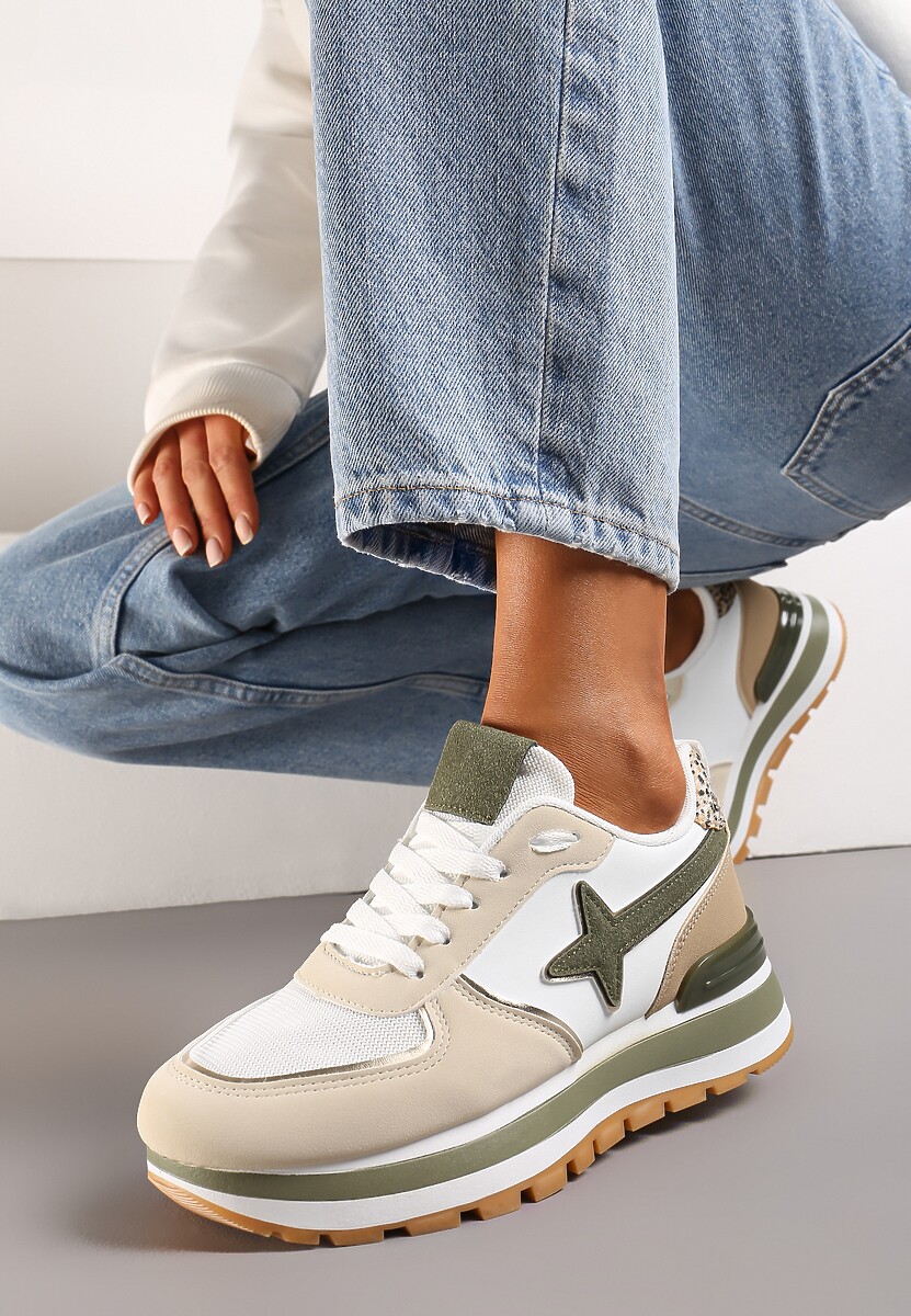 Beżowo-Zielone Sneakersy na Niskiej Platformie z Ozdobnymi Wstawkami na Cholewce Suno
