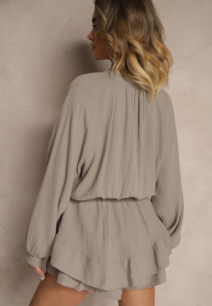 Ciemnobeżowy Kombinezon z Bawełny ze Spódnico-Spodenkami i Guzikami oraz Gumką w Talii Vimatthea