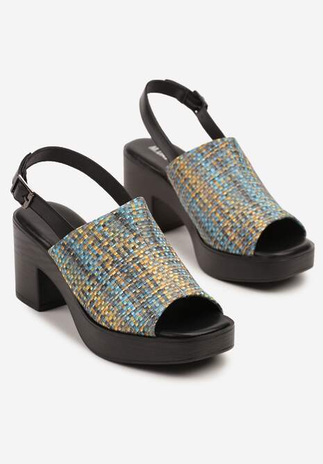 Niebiesko-Czarne Sandały Typu Drewniaki z Tweedowymi Zdobieniami na Słupku Arvinema