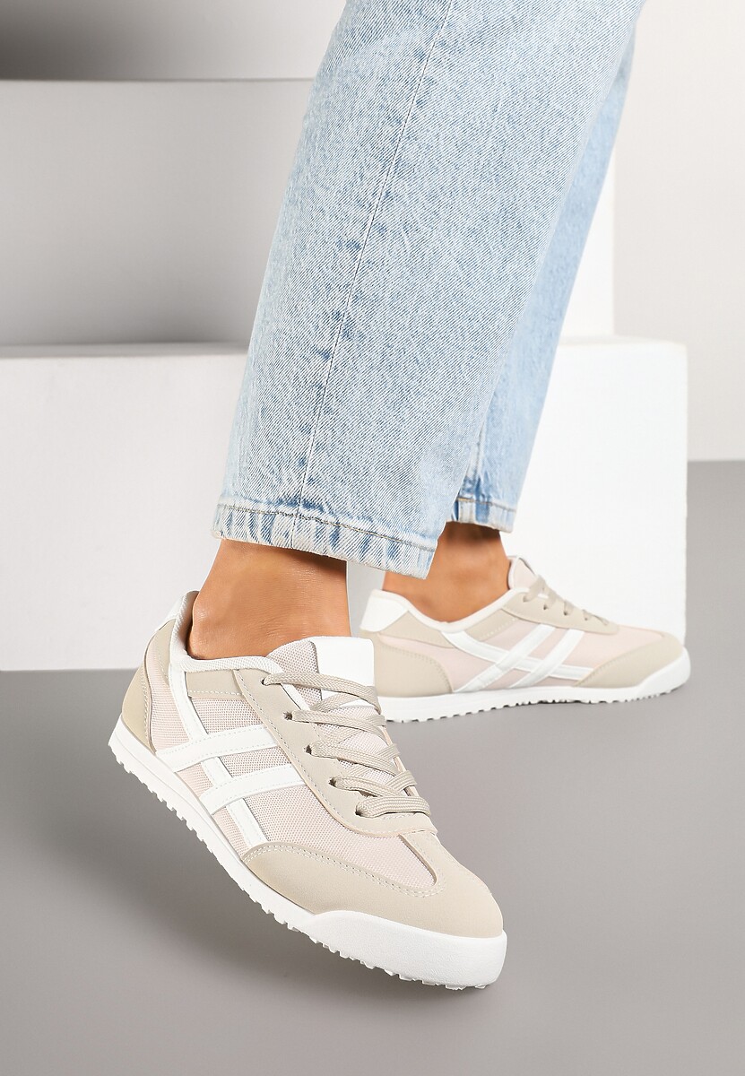 Beżowe Sneakersy na Płaskiej Podeszwie z Geometrycznym Wzorem Rivmi