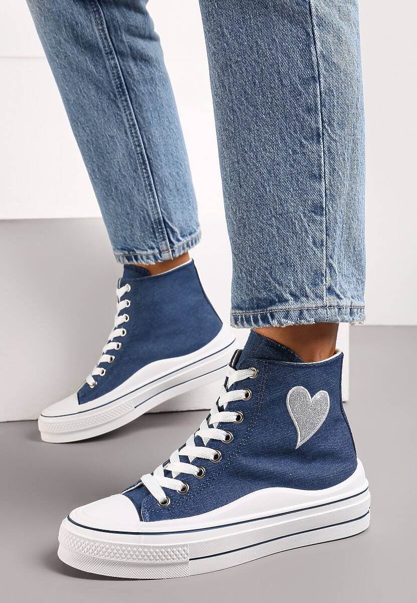 Niebieskie Trampki za Kostkę na Niskiej Platformie z Brokatową Ozdobą w Kształcie Serca Annexla