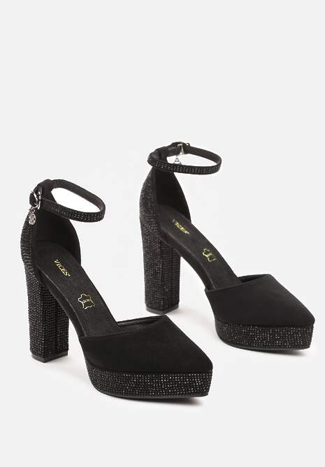 Czarne Czółenka Vices na Cekinowym Słupku z Wkładką ze Skóry Naturalnej i Metaliczną Aplikacją Tinnova