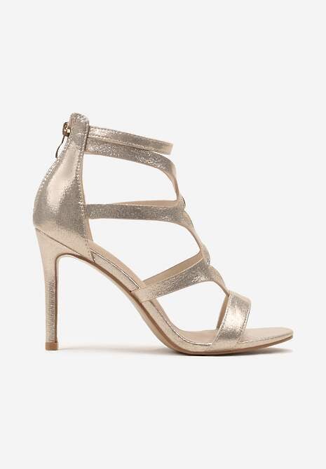 Złote Sandały Szpilki ze Skórzaną Wkładką i Ozdobnymi Paskami na Suwak Perseisa