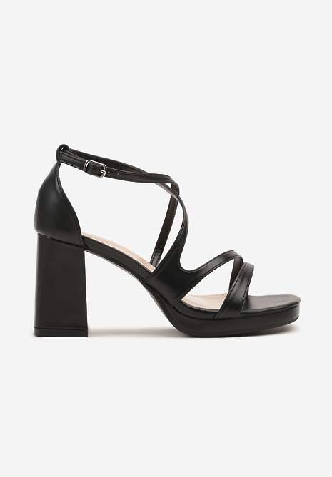 Czarne Sandały na Słupku Ozdobione Geometrycznymi Paskami Lurisse