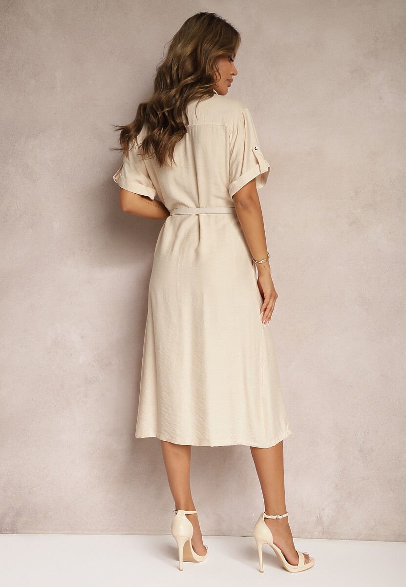Beżowa Sukienka z Wiskozy o Kroju Koszulowym Ozdobiona Paskiem Nelsines