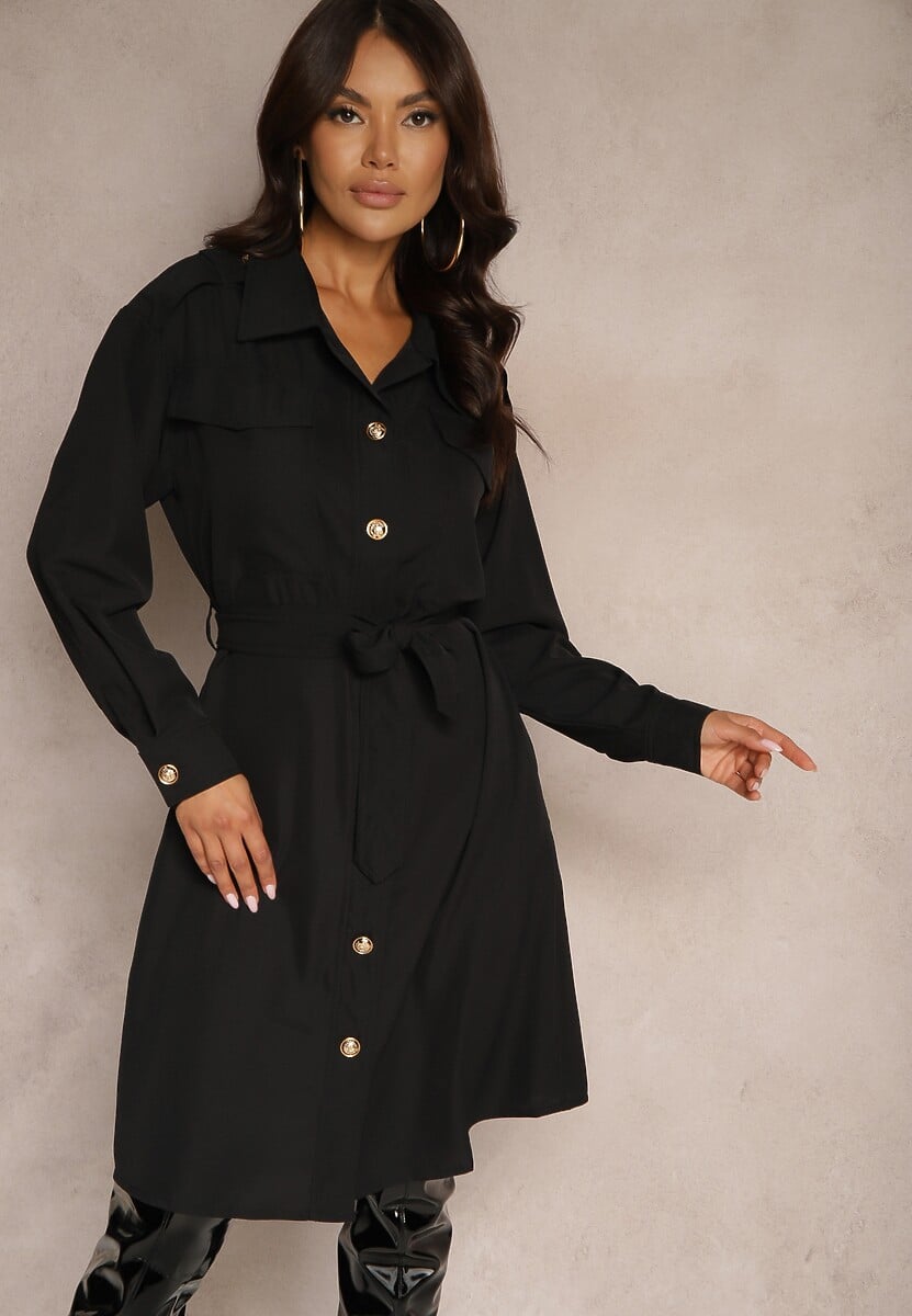 Beżowa Sukienka o Koszulowym Kroju z Paskiem i Eleganckimi Guzikami Torlina