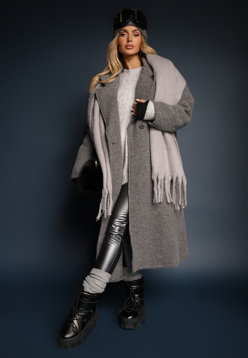 Ciemnoszary Długi Płaszcz Jednorzędowy o Kroju Oversize Vlekoma