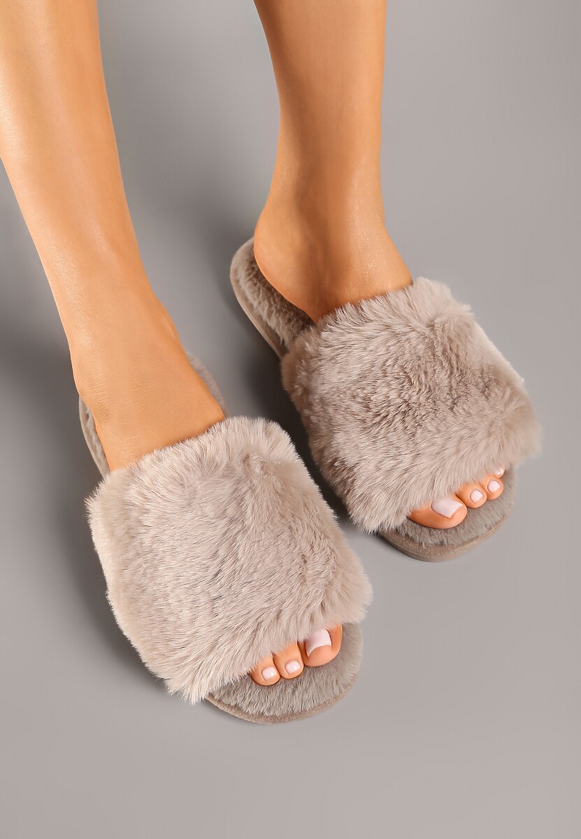 Ciemnobeżowe Kapcie Futrzane Vices z Szerokim Paskiem Selaenor