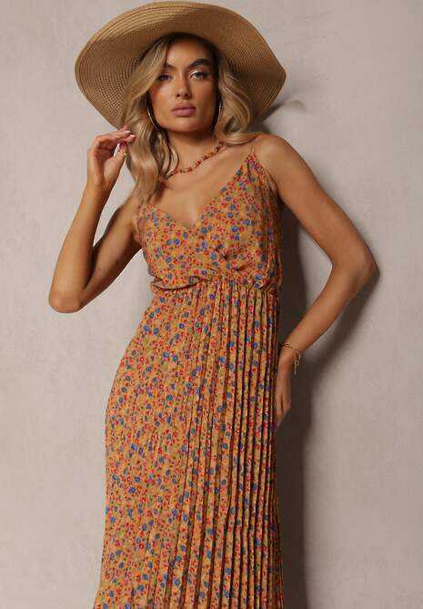 Żółta Sukienka na Ramiączkach z Kopertowym Dekoltem z Plisowaniem i Letnim Wzorem Rysenna