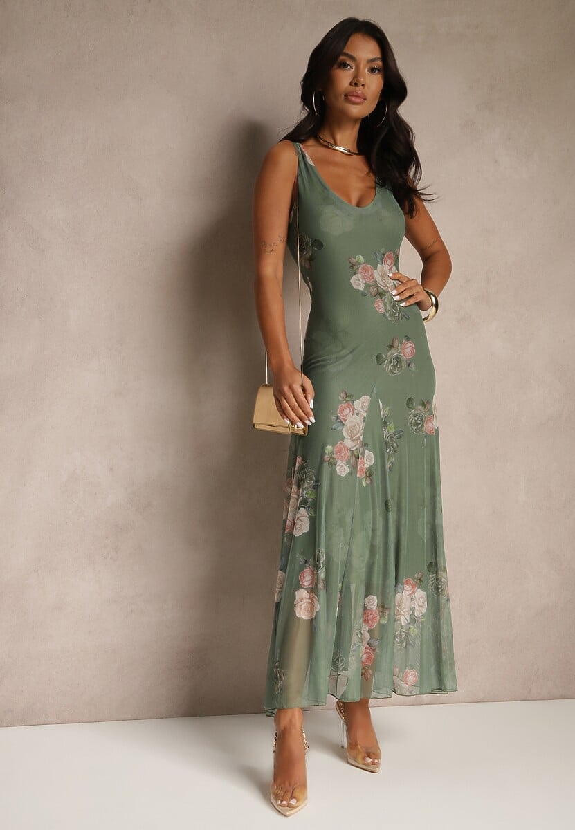 Ciemnozielona Sukienka Siateczkowa w Kwiaty Milosea