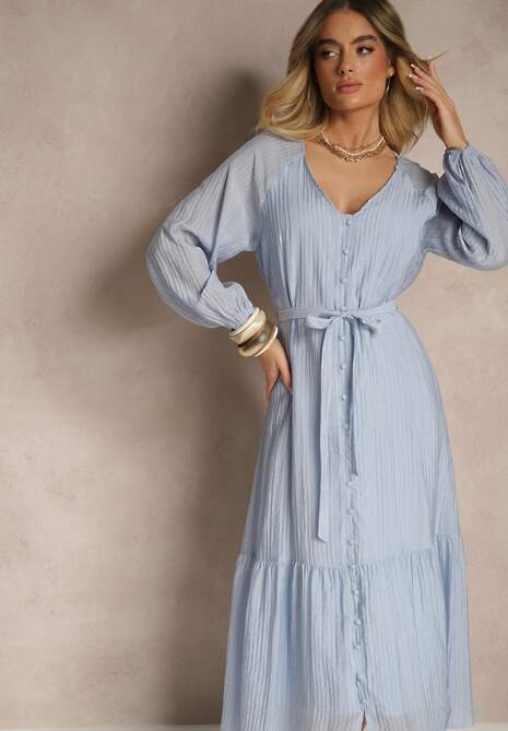 Niebieska Sukienka z Wiskozy Taliowana z Rozkloszowanym Dołem o Koszulowym Kroju Emlio