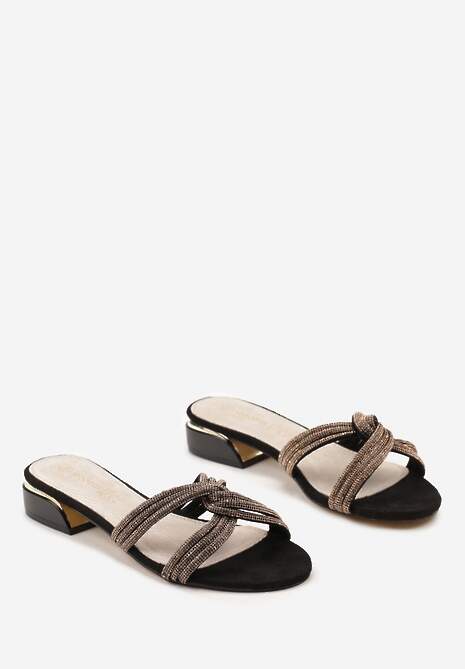 Czarne Klapki z Niskim Obcasem i Cyrkoniami na Splecionych Paseczkach Libiusa