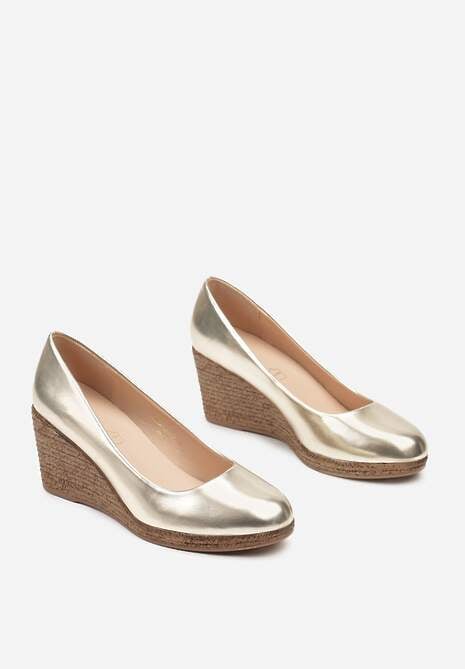 Złote Czółenka Vices ze Skórzaną Wkładką na Plecionym Koturnie Serapne