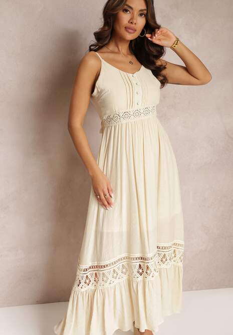 Beżowa Rozkloszowana Sukienka Maxi z Falbanką i Koronką Luluma