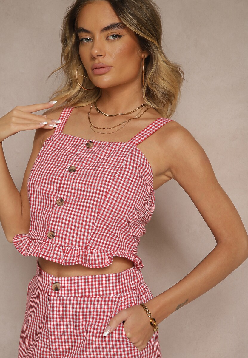 Czerwona Bluzka Top w Kratę z Guzikami i Falbanką Falionna