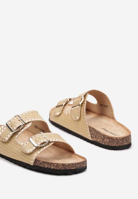 Ciemnobeżowe Klapki na Podeszwie z Korkową Wstawką Sprzączkami i Przeszyciami Nlena