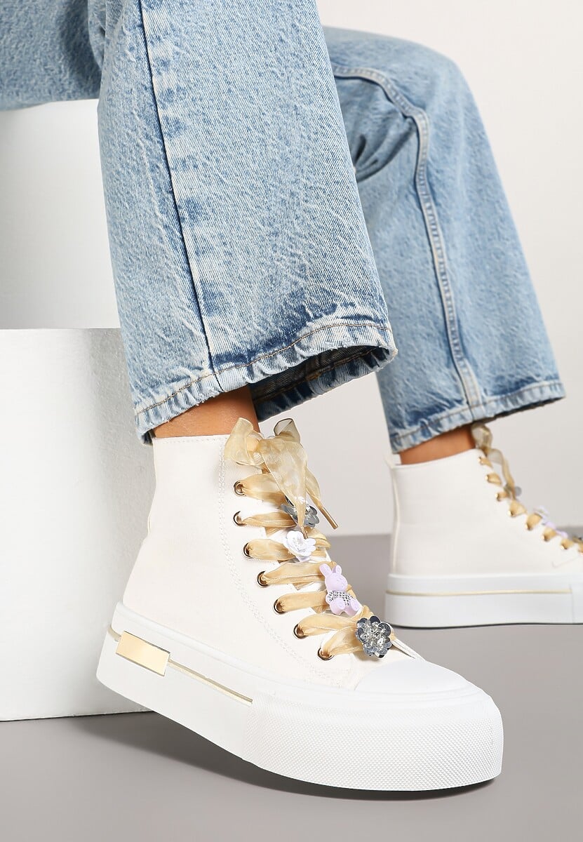 Białe Trampki na Platformie z Wysoką Cholewką Ozdobione Cyrkoniami Fenvisa