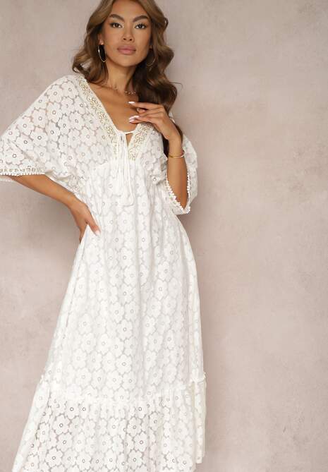 Biała Sukienka z Koronką i Dodatkiem Bawełny Wykończona Wiązaniem i Gumką w Talii Jasevia