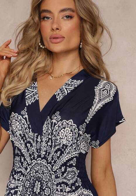 Granatowa Sukienka Maxi w Etniczny Wzór Josanie