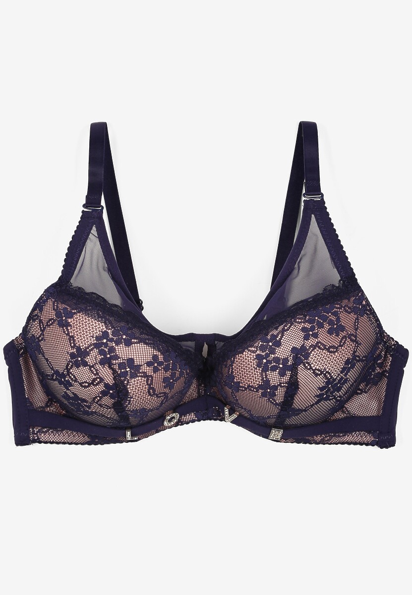 Granatowo-Różowy Koronkowy Biustonosz z Odpinanymi Ramiączkami Revalora