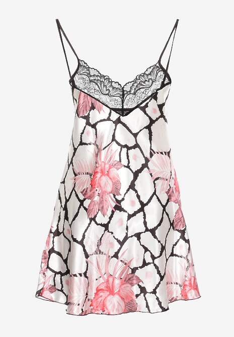 Czarno-Biała Krótka Koszula Nocna z Koronką i Regulowanymi Ramiączkami Celestena