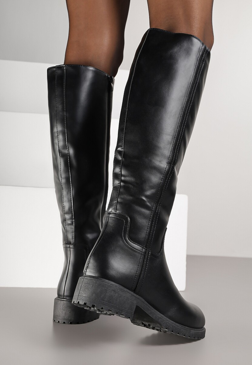 Czarne Dopasowane Kozaki Vices z Imitacji Skóry w Stylu Basic Lonavie