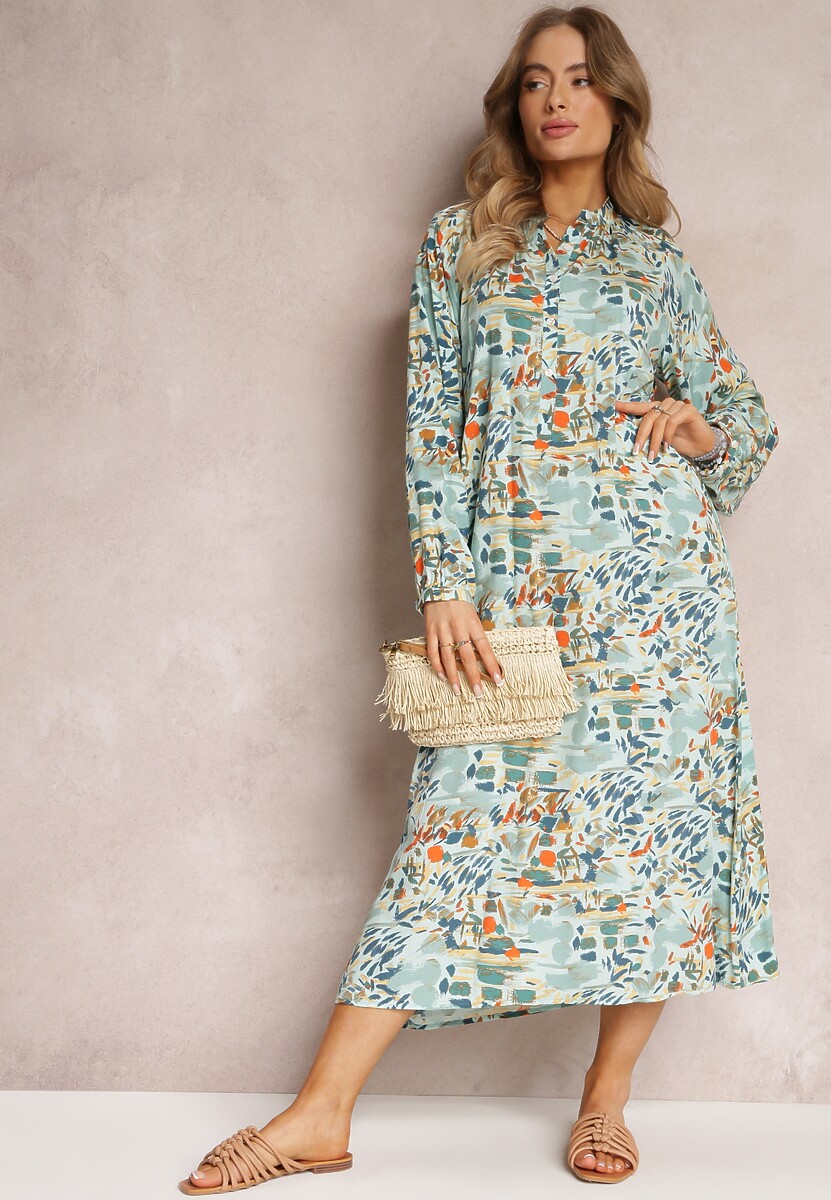 Miętowa Rozkloszowana Sukienka w Abstrakcyjny Wzór i Górą Zapinaną na Guziki Skylare