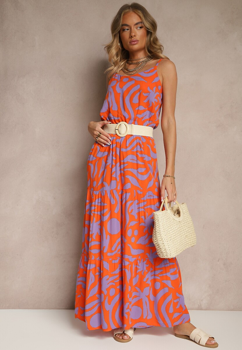 Pomarańczowo-Fioletowa Rozkloszowana Sukienka z Wiskozy na Ramiączkach Flesira